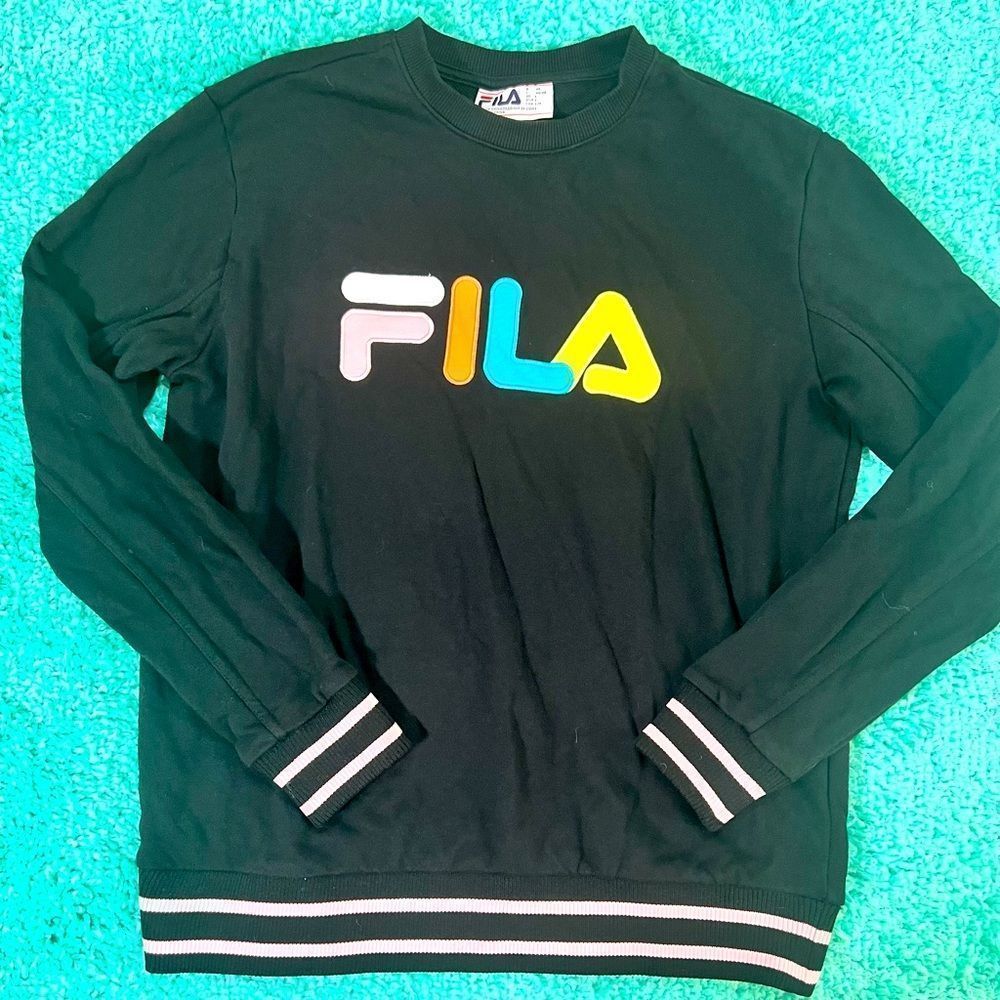 Fila Crewneck Pullover Knit Sweatshirt L Black Pastels Logo Spell Out L